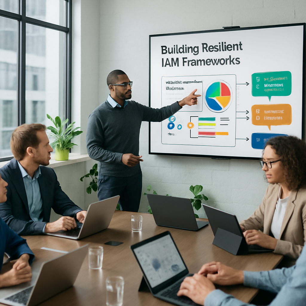 The image depicts a modern office meeting room illuminated by natural light streaming through large windows In the center a sleek conference table is-1