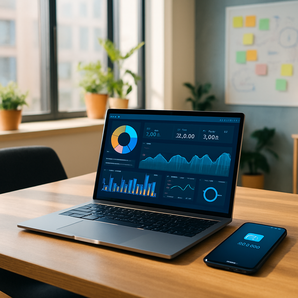 The image features a modern office setting with a sleek wooden desk that has a laptop open displaying a vibrant digital dashboard filled with analytic